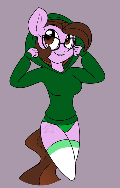 Size: 716x1125 | Tagged: suggestive, artist:sweetfilthyfun, derpibooru import, oc, oc:ivy rose, unofficial characters only, anthro, clothes, female, glasses, green underwear, hoodie, panties, socks, solo, solo female, underwear