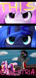 Size: 850x1800 | Tagged: artist:avialexis25, bucking, comic, derpibooru import, eyes closed, flailing, glare, king sombra, open mouth, princess cadance, princess celestia, princess luna, safe, smiling, this is sparta, wide eyes