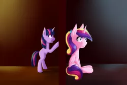 Size: 1500x1000 | Tagged: safe, artist:avialexis25, derpibooru import, princess cadance, twilight sparkle, pony, bipedal, bipedal leaning, door, filly, filly twilight sparkle, sitting, teen princess cadance, wavy mouth, wide eyes