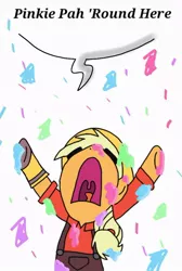 Size: 600x895 | Tagged: applejack, artist:animealpha, confetti, crossover, derpibooru import, engiejack, engineer, fake spy, griefing, safe, solo, team fortress 2