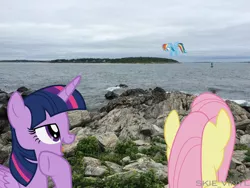 Size: 3264x2448 | Tagged: safe, artist:dashiesparkle, artist:skie-vinyl, derpibooru import, fluttershy, rainbow dash, twilight sparkle, twilight sparkle (alicorn), alicorn, pony, building, coast, floating, irl, maine, ocean, photo, ponies in real life, vector