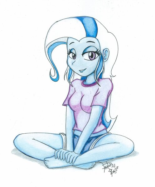 Size: 1024x1237 | Tagged: dead source, suggestive, artist:suicidemachine363, derpibooru import, trixie, equestria girls, barefoot, bedroom eyes, breasts, busty trixie, feet, female, signature, solo, solo female, traditional art