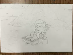 Size: 4032x3024 | Tagged: artist:mranthony2, beach, bird, bucket, crab, derpibooru import, fluttershy, lighthouse, lying down, monochrome, on back, safe, solo, sunglasses, traditional art