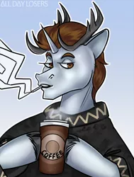 Size: 968x1280 | Tagged: safe, artist:nsfwguardian, derpibooru import, oc, oc:platinum, unofficial characters only, deer pony, original species, unicorn, bust commission, cigarette, coffee, coffee cup, commission, cup, horns, smoke, smoking, solo, ych result