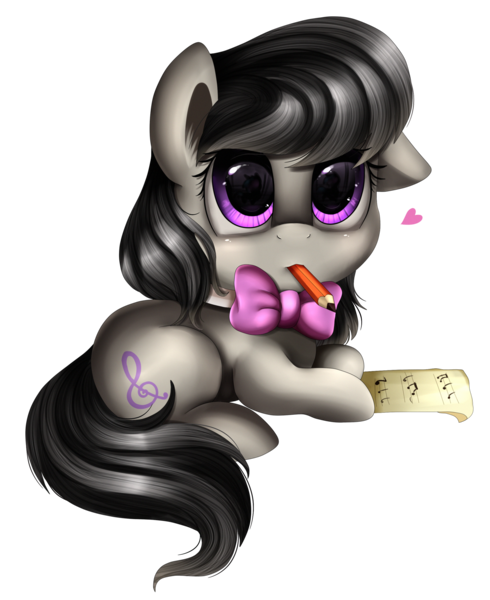 Size: 2174x2661 | Tagged: artist:pridark, cute, derpibooru import, heart, looking at you, mouth hold, necktie, octavia melody, paper, pencil, pridark is trying to murder us, prone, safe, sheet music, simple background, solo, tavibetes, transparent background