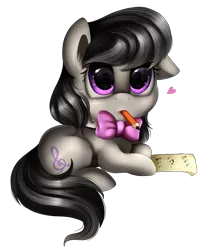 Size: 2174x2661 | Tagged: artist:pridark, cute, derpibooru import, heart, looking at you, mouth hold, necktie, octavia melody, paper, pencil, pridark is trying to murder us, prone, safe, sheet music, simple background, solo, tavibetes, transparent background