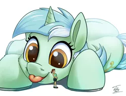 Size: 1500x1149 | Tagged: safe, artist:tsitra360, derpibooru import, lyra heartstrings, human, pony, :p, clothes, cute, giant lyra heartstrings, giant pony, macro, mega lyra, micro, midriff, shoes, signature, simple background, size difference, socks, tongue out