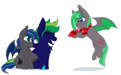 Size: 2000x1242 | Tagged: safe, artist:melchiorflyer, derpibooru import, oc, oc:combo breaker, oc:frame perfect, oc:pixel perfect, unofficial characters only, bat pony, pegasus, pony, clothes, colt, cutie mark, eyes closed, female, filly, flying, laughing, male, scarf, simple background, sitting, stallion, tongue out, transparent background