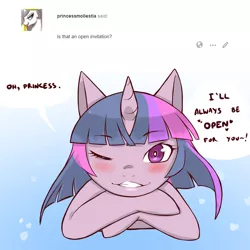 Size: 1200x1200 | Tagged: artist:cold-blooded-twilight, blushing, cold blooded twilight, derpibooru import, explicit source, innuendo, one eye closed, princess celestia, princess molestia, suggestive, twilight sparkle, wink