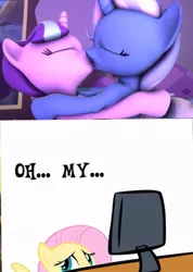 Size: 517x728 | Tagged: safe, derpibooru import, fluttershy, starlight glimmer, trixie, pony, unicorn, 3d, 3d model, computer, female, kissing, lesbian, mare, oh my, shipping, startrix