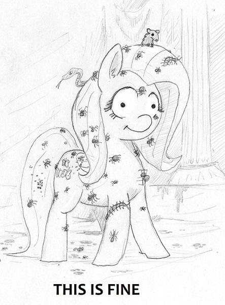 Size: 582x789 | Tagged: safe, artist:t72b, derpibooru import, fluttershy, insect, pegasus, pony, every little thing she does, blank stare, creepy crawlies, female, grayscale, mare, monochrome, solo, text, this is fine, traditional art