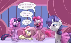 Size: 1280x773 | Tagged: safe, artist:benja, derpibooru import, fluttershy, pinkie pie, rarity, twilight sparkle, twilight sparkle (alicorn), alicorn, pony, ask-ask-the-ponies, clothes, cute, skirt, tutu