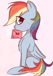 Size: 958x1352 | Tagged: safe, artist:jonathan the awesome, derpibooru import, edit, rainbow dash, pegasus, pony, blushing, chest fluff, cute, dashabetes, envelope, female, heart eyes, looking at you, love letter, mare, mouth hold, simple background, smiling, solo, wingding eyes