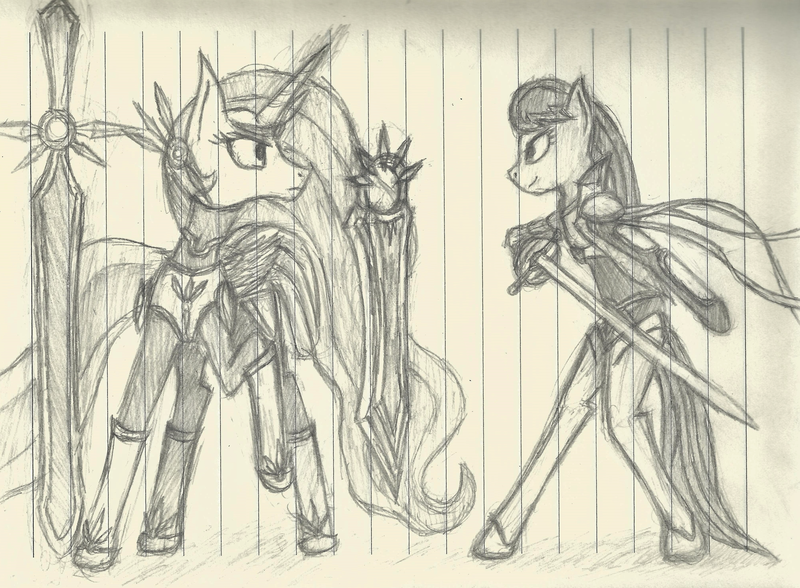 Size: 4022x2958 | Tagged: safe, artist:frostspear, derpibooru import, octavia melody, princess celestia, pony, bipedal, lined paper, mace, monochrome, sword, traditional art, weapon