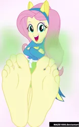 Size: 875x1400 | Tagged: suggestive, artist:maze1000, derpibooru import, fluttershy, equestria girls, barefoot, feet, female, foot fetish, foot focus, solo, solo female