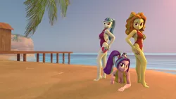 Size: 1920x1080 | Tagged: suggestive, artist:blumppidy, derpibooru import, adagio dazzle, aria blaze, sonata dusk, equestria girls, rainbow rocks, 3d, alternative cutie mark placement, barefoot, beach, boob window, breasts, busty adagio dazzle, busty aria blaze, busty sonata dusk, cleavage, clothes, feet, female, hut, looking at you, ocean, one-piece swimsuit, pier, sand, swimsuit, the dazzlings, trio