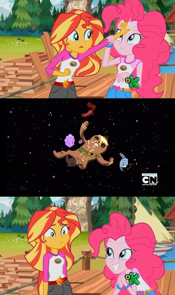 Size: 1366x2304 | Tagged: safe, derpibooru import, edit, edited screencap, screencap, pinkie pie, sunset shimmer, chicken, squirrel, equestria girls, legend of everfree, adventure time, discovery kids, gingerbread man, lumpy space princess, meme, royal tart toter, space, sunset sees things, wat