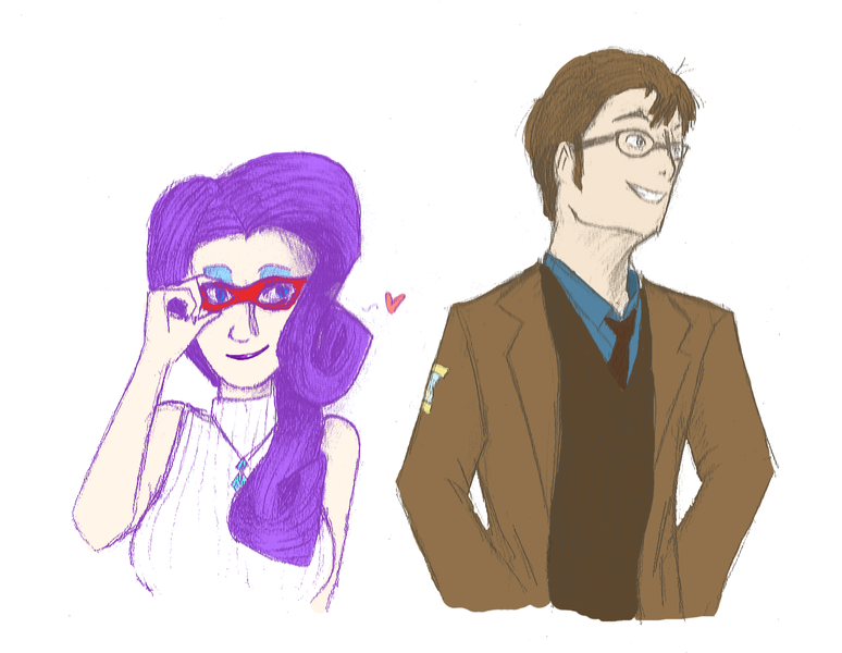 Size: 1466x1136 | Tagged: artist:the-mad-pumpkin, david tennant, derpibooru import, doctor whooves, glasses, human, humanized, rarity, safe, tenth doctor, time turner