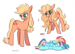 Size: 908x652 | Tagged: safe, artist:dusty-munji, derpibooru import, applejack, rainbow dash, hatless, loose hair, missing accessory