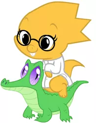 Size: 836x1067 | Tagged: alphys, artist:red4567, baby dragon, bucktooth, crossover, cute, derpibooru import, dragon, dragonified, dragons riding gators, glasses, gummy, riding, safe, species swap, undertale