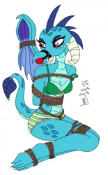 Size: 705x1134 | Tagged: anthro, artist:gagman102, artist:limpurtikles, ballgag, bondage, bra, breasts, cleavage, clothes, derpibooru import, dragon, female, frilly underwear, gag, green underwear, panties, princess ember, ribbon, solo, solo female, striped underwear, suggestive, tied up, underwear