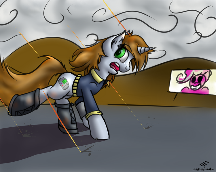 Size: 1280x1024 | Tagged: safe, artist:frecklesfanatic, derpibooru import, pinkie pie, oc, oc:littlepip, pony, unicorn, fallout equestria, fanfic, billboard, boots, fanfic art, female, horn, looking back, mare, ministry mares, ministry of morale, pipbuck, running, scared, shooting, vault suit