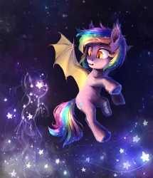 Size: 900x1047 | Tagged: safe, artist:dearmary, derpibooru import, oc, oc:paper stars, unofficial characters only, bat pony, pony, amputee, cute little fangs, ear fluff, fangs, flying, solo, stars, underhoof