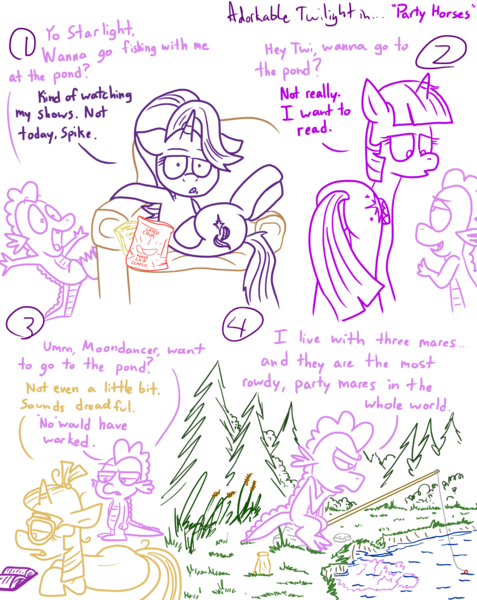 Size: 1280x1611 | Tagged: safe, artist:adorkabletwilightandfriends, derpibooru import, moondancer, spike, starlight glimmer, twilight sparkle, twilight sparkle (alicorn), alicorn, pony, comic:adorkable twilight and friends, adorkable twilight, comic, dialogue, fishing, lineart, plot, pond, sarcasm, slice of life, tail stand