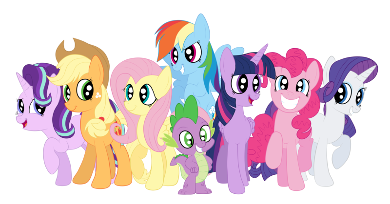 Size: 3902x2043 | Tagged: safe, artist:squipycheetah, derpibooru import, applejack, fluttershy, pinkie pie, rainbow dash, rarity, spike, starlight glimmer, twilight sparkle, twilight sparkle (alicorn), alicorn, dragon, earth pony, pegasus, pony, unicorn, cute, dashabetes, diapinkes, female, freckles, glimmerbetes, happy, jackabetes, looking at you, male, mane seven, mane six, mare, open mouth, raised hoof, raribetes, shyabetes, simple background, smiling, spread wings, transparent background, twiabetes, vector, wings