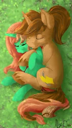 Size: 1080x1920 | Tagged: safe, artist:allyclaw, deleted from derpibooru, derpibooru import, oc, oc:coppercore, oc:vital mender, unofficial characters only, pony, unicorn, cuddling, female, male, mare, nap, oc x oc, shipping, snuggling, stallion, straight