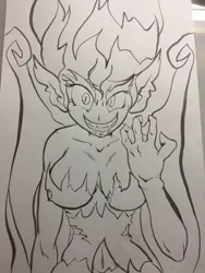 Size: 768x1024 | Tagged: safe, artist:nipa, derpibooru import, sunset shimmer, equestria girls, belly button, breasts, busty sunset shimmer, fangs, female, monochrome, solo, sunset satan, traditional art