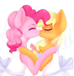 Size: 2918x2990 | Tagged: applejack, applepie, artist:nillomika, clothes, derpibooru import, dress, female, kissing, lesbian, pinkie pie, safe, shipping, wedding dress