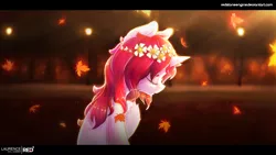 Size: 5120x2880 | Tagged: safe, artist:redstoneengine, derpibooru import, oc, oc:laurence, unofficial characters only, pony, unicorn, eyes closed, falling leaves, floral head wreath, flower, leaves, solo