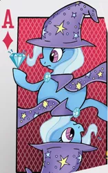 Size: 438x696 | Tagged: safe, artist:billforster, derpibooru import, idw, ace, trixie, pony, unicorn, card, cover art, cropped, diamond, female, mare, playing card, solo