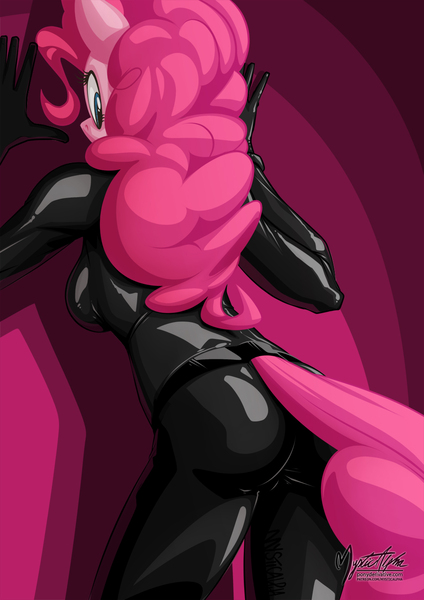 Size: 955x1351 | Tagged: anthro, artist:mysticalpha, ass, balloonbutt, breasts, busty pinkie pie, catsuit, derpibooru import, female, looking back, pinkie pie, rearboob, sideboob, solo, solo female, suggestive