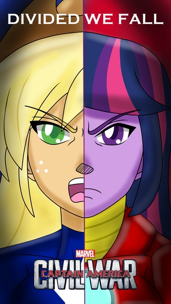 Size: 1444x2560 | Tagged: safe, artist:swagalicious-tony, derpibooru import, applejack, twilight sparkle, twilight sparkle (alicorn), equestria girls, captain america, captain america: civil war, colored pupils, cowboy hat, crossover, freckles, hat, iron man, marvel, open mouth, poster, split screen, stetson