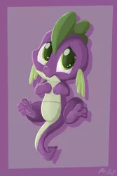 Size: 667x1000 | Tagged: safe, artist:fuf, derpibooru import, spike, dragon, baby, baby dragon, cute, feet, green eyes, looking at you, male, on back, signature, simple background, solo, spikabetes