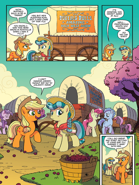 Size: 720x960 | Tagged: safe, artist:tonyfleecs, derpibooru import, idw, applejack, calamity mane, earth pony, pony, spoiler:comic, spoiler:comicff33, braid, cherry, cherry tree, comic, cowboy hat, female, food, hat, mare, official comic, preview, tree, wagon