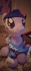Size: 531x1200 | Tagged: safe, artist:plushwaifus, derpibooru import, photographer:corpulentbrony, twilight sparkle, twilight sparkle (alicorn), alicorn, pony, /mlp/, 4chan cup, 4chan cup scarf, bed, clothes, irl, life size, photo, plushie, scarf, solo