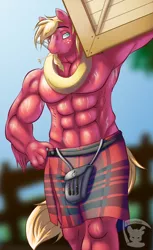 Size: 488x800 | Tagged: suggestive, artist:scythemouse, derpibooru import, big macintosh, anthro, abs, bare chest, clothes, kilt, male, muscles, scotland, solo, solo male, sporran, stupid sexy big macintosh, topless