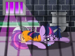 Size: 2000x1500 | Tagged: artist:spellboundcanvas, bad end, ball and chain, bed, clothes, crying, derpibooru import, horn cap, magic suppression, pillow, prison, prisoner, prisoner ts, prison outfit, sad, safe, solo, toilet, twilight sparkle, window