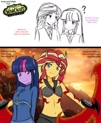 Size: 1072x1299 | Tagged: safe, artist:angeltorchic, derpibooru import, sunset shimmer, twilight sparkle, twilight sparkle (alicorn), blood elf, elf, equestria girls, belly button, clothes, comic, crossover, cute, demon hunter, dialogue, elf ears, lineart, mage, midriff, smiling, twiabetes, warcraft, weapon, world of warcraft