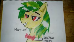 Size: 4128x2322 | Tagged: safe, artist:beatsubi, derpibooru import, oc, oc:maretsubi, unofficial characters only, pony, unicorn, bowtie, colored, drawing, female, green mane, lidded eyes, mare, red eyes, shine, smiling, solo, traditional art, yellow