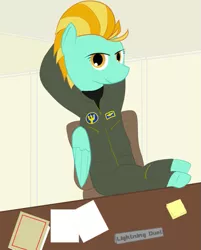 Size: 575x716 | Tagged: artist:totallynotabronyfim, clothes, cubicle, derpibooru import, flight suit, hooves on the table, lightning dust, office, patch, safe, smiling, solo, sticky note