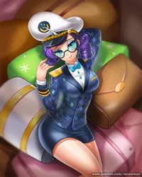 Size: 750x939 | Tagged: arm behind head, artist:racoonsan, bedroom eyes, breasts, busty rarity, captain rarity, clothes, derpibooru import, female, glasses, hat, horned humanization, human, humanized, legs, looking at you, luggage, miniskirt, ppov, rarity, safe, seductive look, seductive pose, skirt, smiling, solo