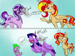 Size: 1023x769 | Tagged: safe, artist:firimil, derpibooru import, spike, starlight glimmer, sunset shimmer, twilight sparkle, twilight sparkle (alicorn), alicorn, pony, unicorn, every little thing she does, 2 panel comic, alicornified, bad pony, comic, dialogue, do i look angry, fanfic art, floppy ears, frown, horn impalement, levitation, magic, newspaper, nose in the air, nose wrinkle, open mouth, race swap, raised hoof, raised leg, shimmercorn, stifling laughter, story included, swatting, telekinesis