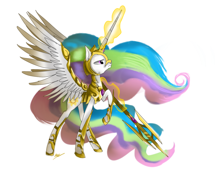 Size: 1280x1024 | Tagged: safe, artist:nuttypanutdy, derpibooru import, princess celestia, pony, armor, female, magic, mare, raised hoof, simple background, solo, spear, spread wings, telekinesis, transparent background, weapon