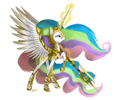 Size: 1280x1024 | Tagged: safe, artist:nuttypanutdy, derpibooru import, princess celestia, pony, armor, female, magic, mare, raised hoof, simple background, solo, spear, spread wings, telekinesis, transparent background, weapon