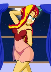 Size: 1090x1521 | Tagged: suggestive, artist:jake heritagu, derpibooru import, sunset shimmer, equestria girls, alternate hairstyle, babydoll, belly button, clothes, curtains, female, lingerie, looking at you, midriff, moon, night sky, nightgown, panties, see-through, shy, smiling, solo, solo female, stars, underwear, window