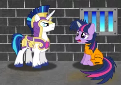 Size: 2160x1514 | Tagged: artist:spellboundcanvas, bad end, clothes, crying, derpibooru import, disappointed, horn cap, lesson zero, magic suppression, messy mane, open mouth, prison, prisoner, prisoner ts, prison outfit, sad, safe, shining armor, twilight sparkle, window